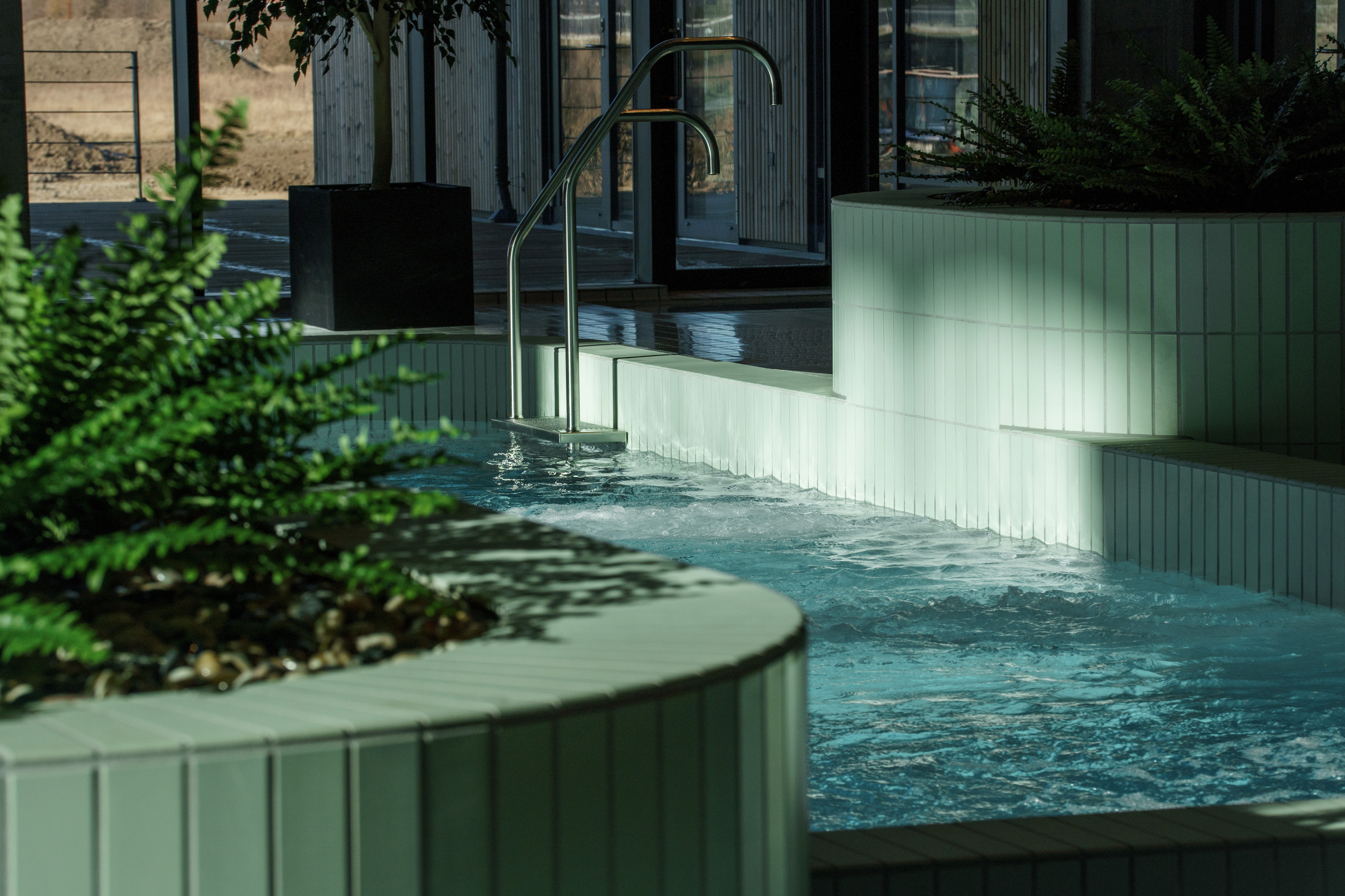 Udsigt over flisehjørne og plante i Plaskelandet